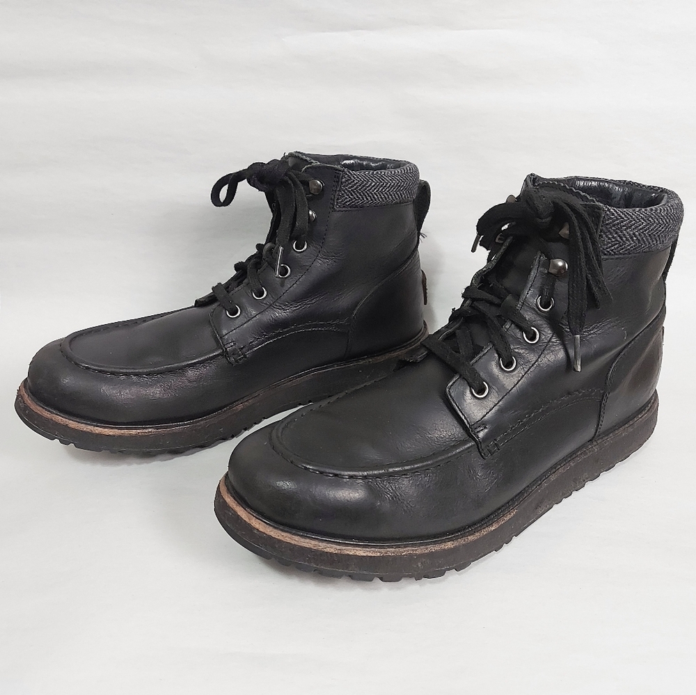 UGG Men Edgy Moto Combat Laceup Boots Black Leather High Ankle Motorcycle Hiking - Picture 5 of 11